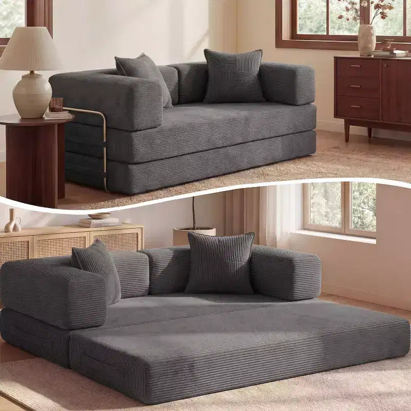 Dyonery 65-calowa rozkładana podłogowa sofa 5 w 1, rozkładana do podwójnego łóżka, ze stałym metalowym stelażem, sztruksowa