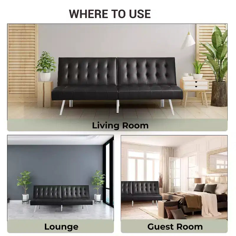 Tapicerowana sofa futon z rozkładanym oparciem, rozkładana sofa z chromowanymi nogami