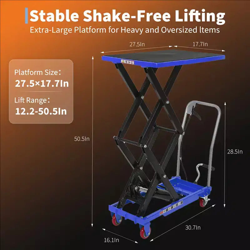 Wózek z hydraulicznym stołem podnośnym, nośność 330 lbs, wysokość podnoszenia 50, antypoślizgowa podkładka, 4 kółka i paski odblaskowe, do obsługi materiałów i transportu