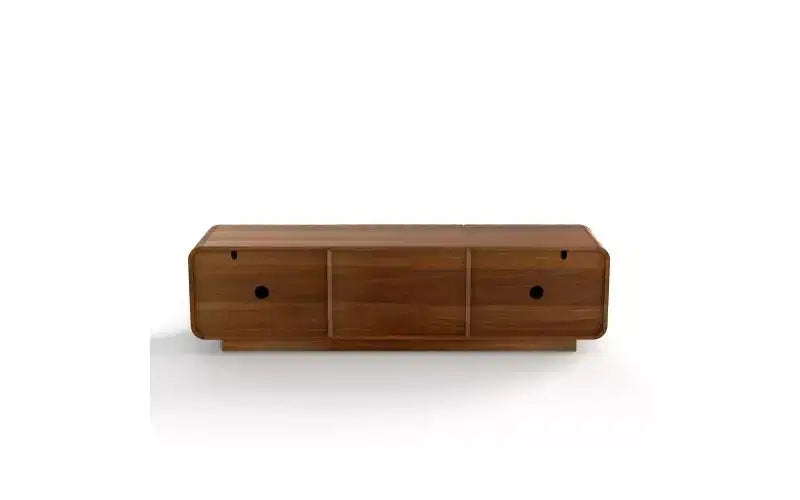 JVNOXK 58-calowa szafka RTV, spiralno-falisty design w stylu mid-century, z szafką z półką i dwiema szufladami, odpowiednia do salonu lub sypialni, kolor orzechowy