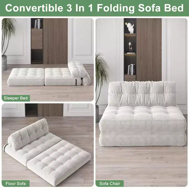 Rozkładana sofa futon z miękkiego sztruksu, składane łóżko podłogowe z poduszką i oparciem