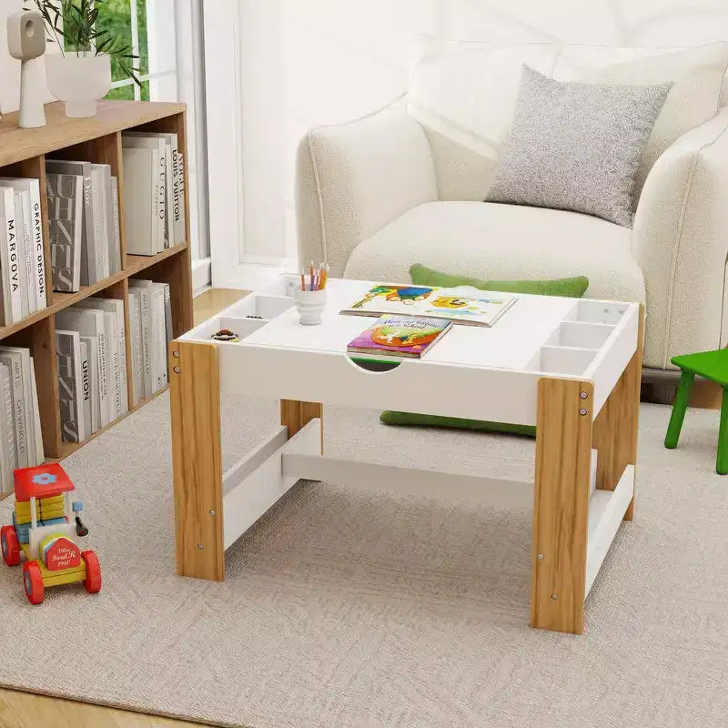 Stolik do zabawy 2 w 1 Whisen Kids z 7 schowkami, kompatybilny z klockami LEGO – biało-zielony