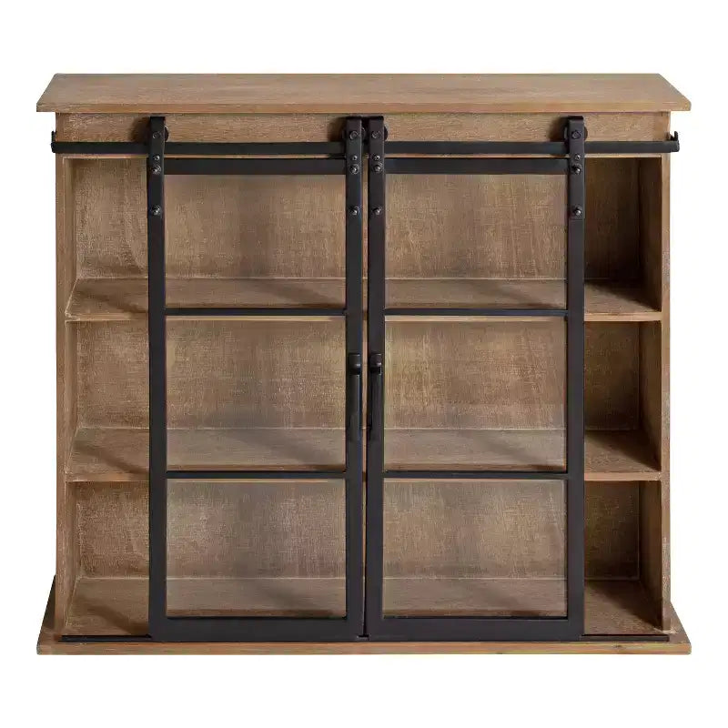 30 x 28 Drewniana ozdobna szafka ścienna Barnhardt z 2 przesuwanymi drzwiami szklanymi Rustykalny brąz - Kate & Laurel All Things Decor: Metalowa rama