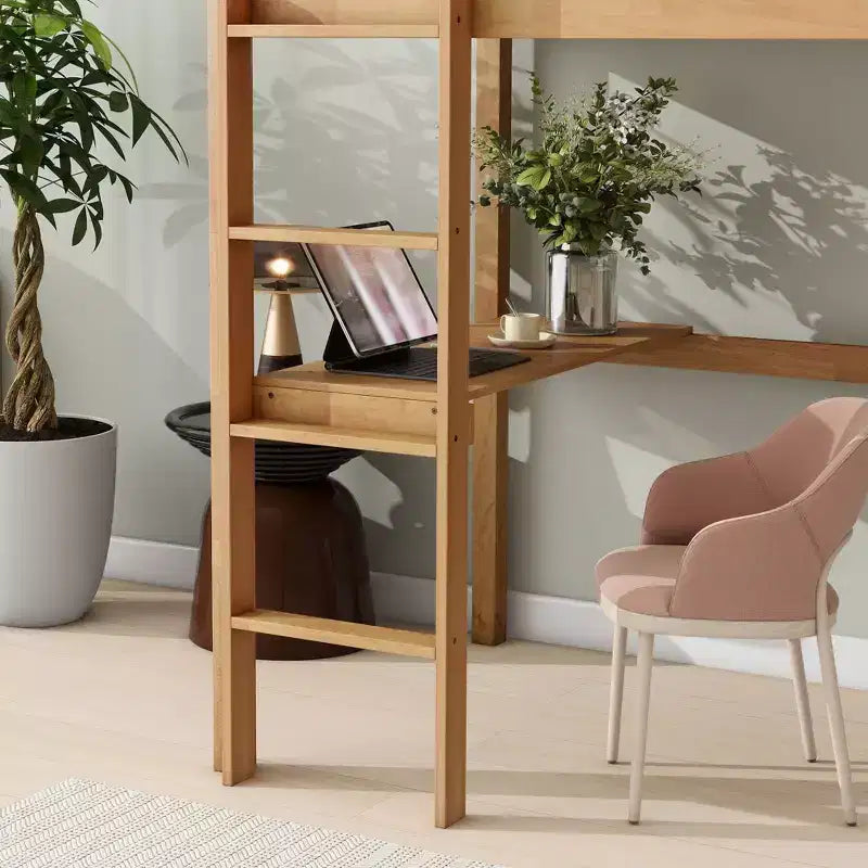 Łóżko na antresoli Okak Minimalism z drabinką, pojedyncze łóżko na antresoli z drewna kauczukowego z barierką ochronną i wbudowanym biurkiem, ramy łóżek dla dzieci i młodzieży