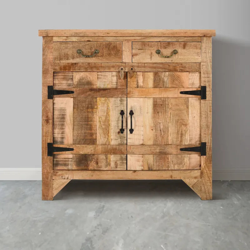 39-calowa rzemieślnicza konsola podłogowa w stylu rustykalnym z 2 szufladami i szafką z 2 drzwiami z drewna mango, brązowa