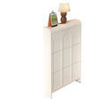 Wąska, biała, drewniana szafka na buty z 3 uchylnymi półkami