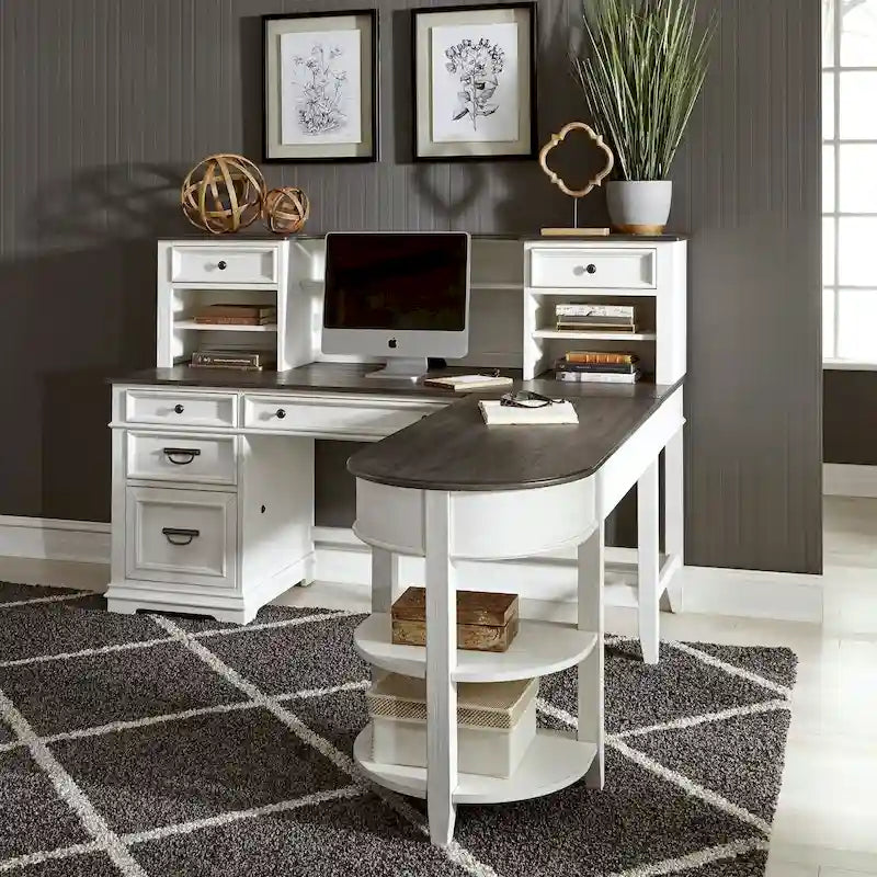 Wirebrushed White Charcoal L Shaped Desk Set
