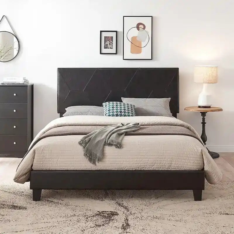 Queen Size Upholstered Platform Bed Frame ,Wood Slat Support, Easy Assembly,Black,PU