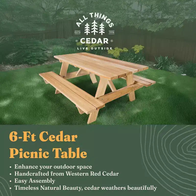 Stół piknikowy All Things Cedar 6-Ft do użytku zewnętrznego, ręcznie wykonany drewniany zestaw ławek tarasowych na kemping, imprezy w ogrodzie lub oglądanie meczów, rustykalny cedr