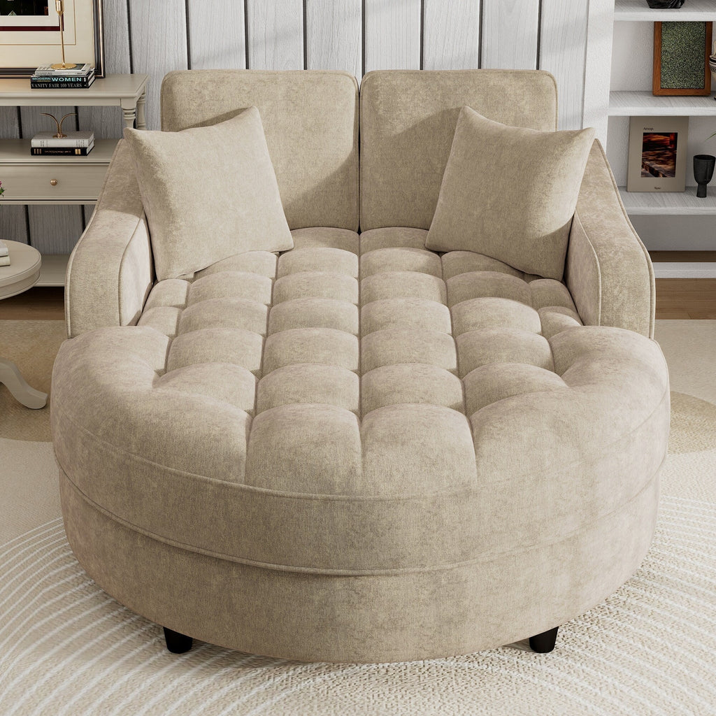Sofa rozkładana typu chaise longue z chenille, tapicerowana sofa z pikowanym oparciem i 2 zdejmowanymi poduszkami do salonu