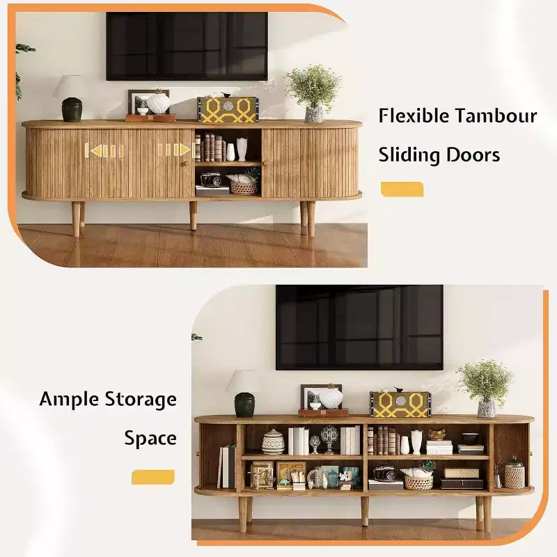 Szafka RTV AMERLIFE 70" z nogami z litego drewna, konsola pod telewizor w stylu mid-century modern z przesuwnymi drzwiami typu żaluzjowego
