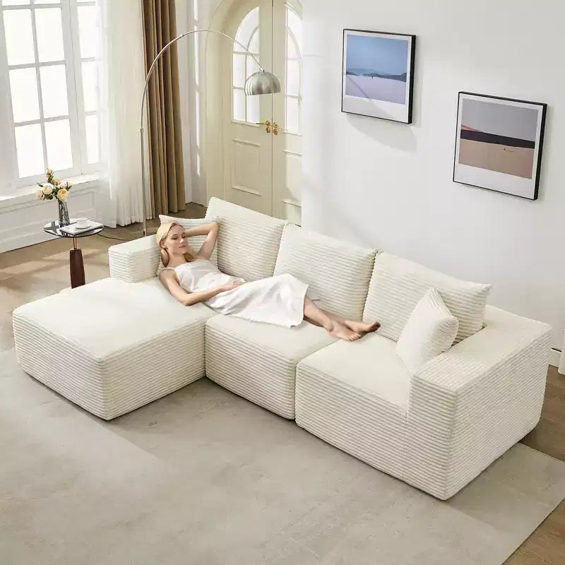 108 Nowoczesna sofa, 3-osobowa sofa tapicerowana w kształcie litery L z poduszkami, sofa z głębokim siedziskiem, bez konieczności montażu