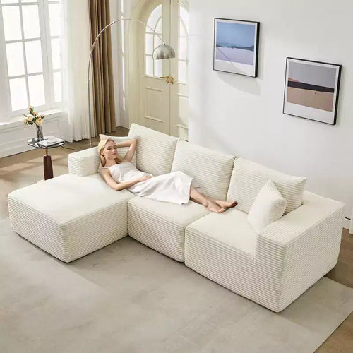 108 Nowoczesna sofa, 3-osobowa sofa tapicerowana w kształcie litery L z poduszkami, sofa z głębokim siedziskiem, bez konieczności montażu
