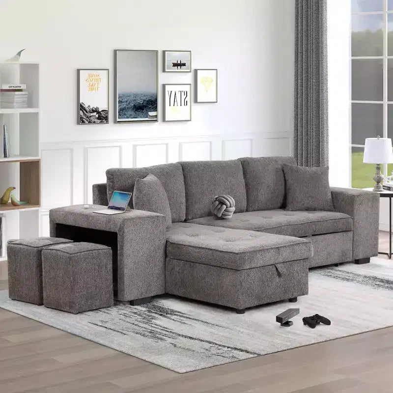 104,5 Narożnik w kształcie litery L z możliwością zmiany układu, z narożnikiem z pojemnikiem i 2 hokerami - Rozkładana 3-osobowa sofa do salonu