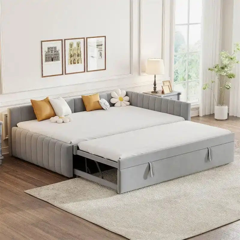 Tapicerowana sofa wypoczynkowa z wysuwanym łóżkiem wysuwającym się z poziomu podłogi o rozmiarze pojedynczego łóżka, rama sofy wypoczynkowej o rozmiarze podwójnego łóżka z oparciem w kształcie litery L i pasiastym wzorem