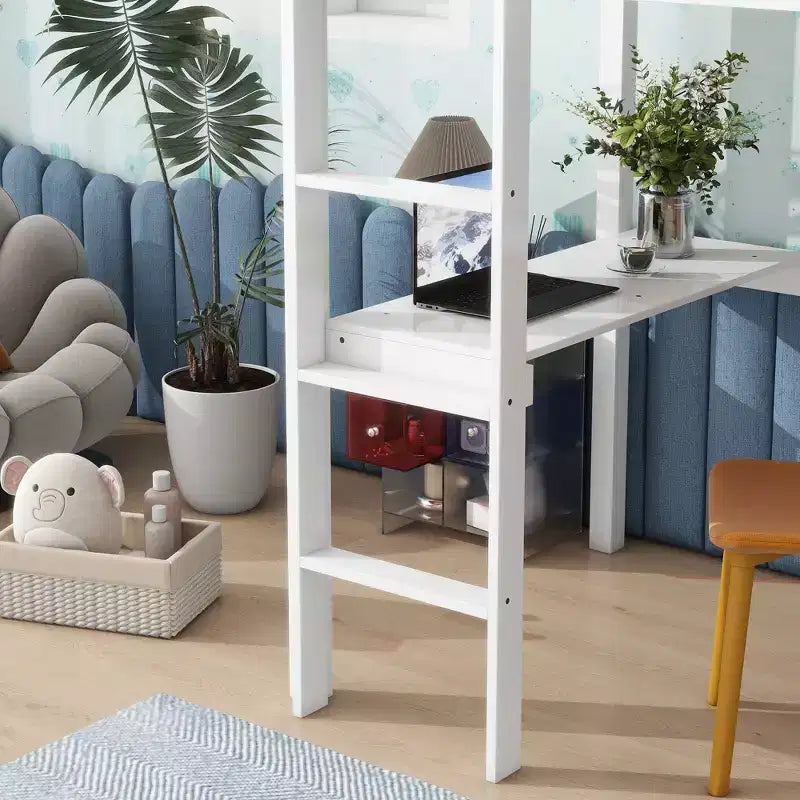 Łóżko na antresoli Okak Minimalism z drabinką, pojedyncze łóżko na antresoli z drewna kauczukowego z barierką ochronną i wbudowanym biurkiem, ramy łóżek dla dzieci i młodzieży