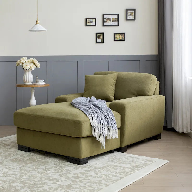 Nowoczesna sofa z funkcją spania typu chaise longue w stylu mid-century, o powiększonych wymiarach, z poduszką