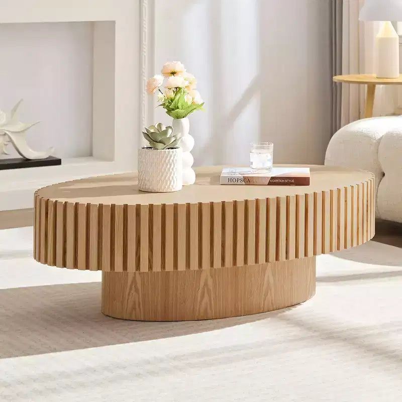 Owalny/kwadratowy stolik kawowy, minimalistyczny stolik centralny z ryflowanym środkiem, stolik dekoracyjny, naturalny jesion/orzech/matowa czerń – ModernLuxe
