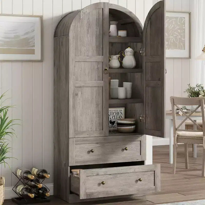 Wysoka Regała na Książki 71 z Łukiem, Drewniana Łukowata Regała na Książki Z Drzwiami i Szufladami, Duża Łukowata Witryna na Książki Z Przesforami, Odpowiednia do Biura i Salonu