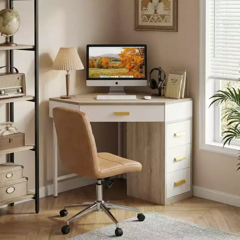 MAYEERTY 90 Trójkątny narożny biurko z 4 szufladami, toaletka, biurko komputerowe