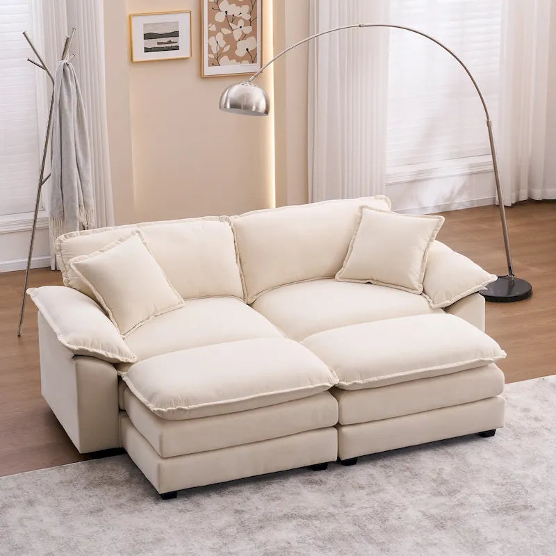Sofa 2-osobowa z 2 siedziskami, 2 poduszkami i 2 pufami, wygodna sofa - Głęboka sofa do salonu, sofa modułowa