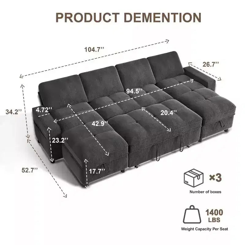 104 U-kształtna rozkładana sofa z funkcją spania i pojemnikiem na pościel