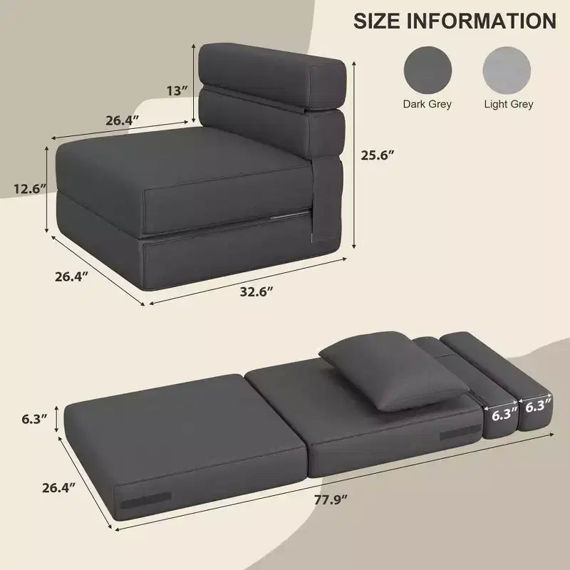 Składany fotel-kanapa z poduszką  Rozkładany materac futon z pianki memory & zdejmowanym lnianym pokrowcem do salonu lub pokoju gościnnego