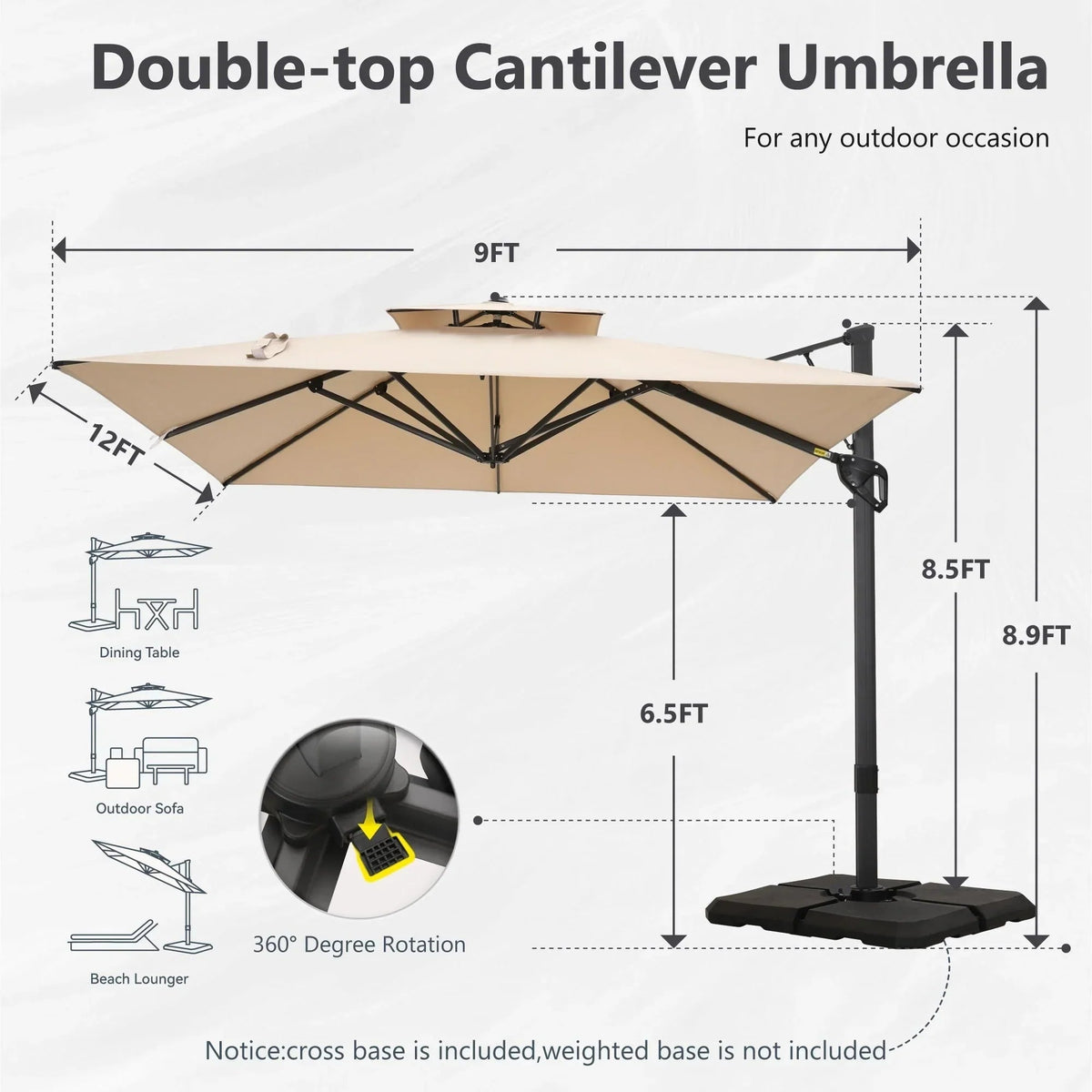 MAISON ARTS 12-stopniowy automatyczny hydrauliczny parasol wspornikowy, aluminiowy słup, obrót o 360 stopni