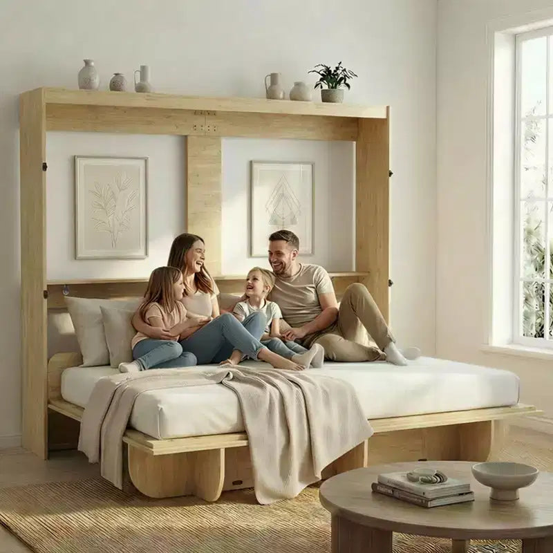 Niewidoczne łóżko wnękowe 2 w 1 z półką do przechowywania, rozmiar Queen Size, naturalne drewno (materac nie jest dołączony)