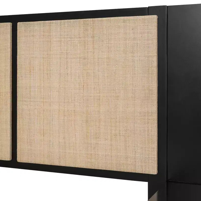 Rama łóżka queen size z litego drewna z 2 szafkami nocnymi, eleganckie łóżko platformowe z połączenia rattanu i drewna z lampami - ModernLuxe