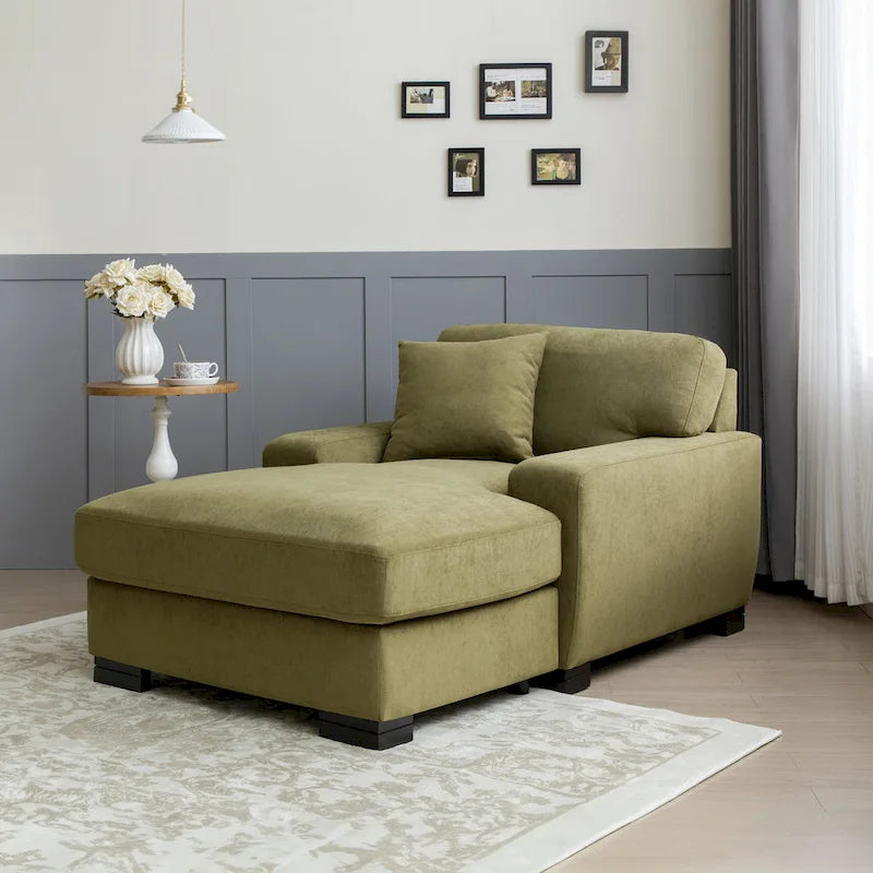 Nowoczesna sofa z funkcją spania typu chaise longue w stylu mid-century, o powiększonych wymiarach, z poduszką
