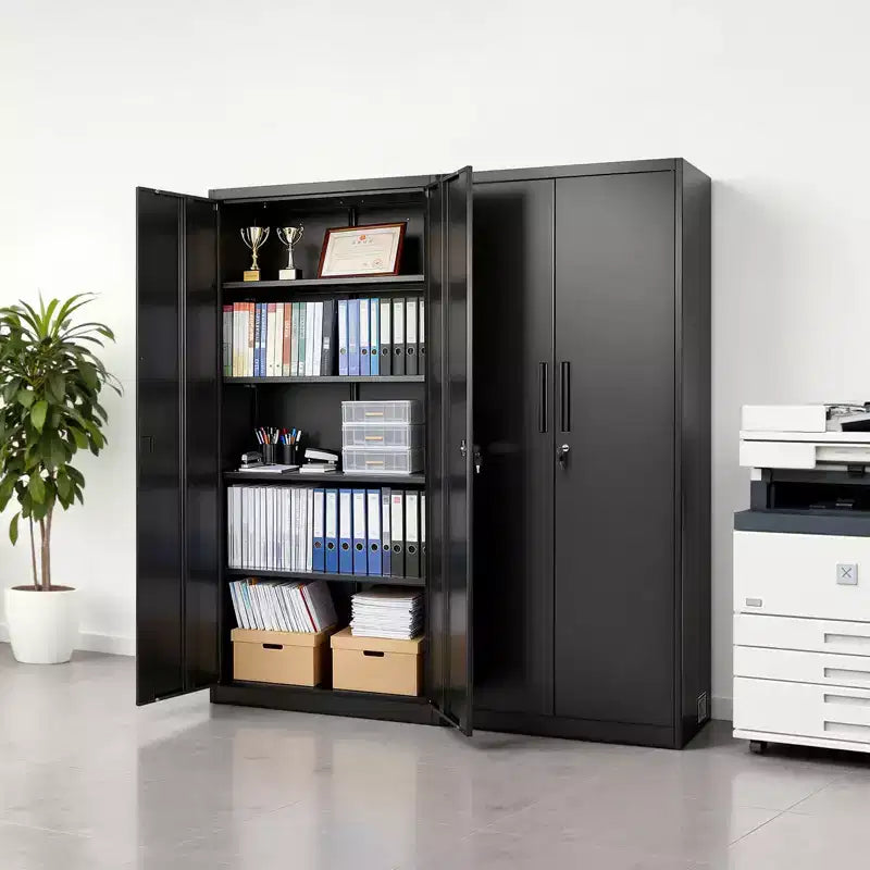 Metalowa szafa magazynowa VEVOR, zamykana szafa garażowa ze stali 175 cm, z 4 regulowanymi półkami, 2 drzwiami magnetycznymi, 2 kluczami, 5-poziomowym miejscem do przechowywania narzędzi, czarna