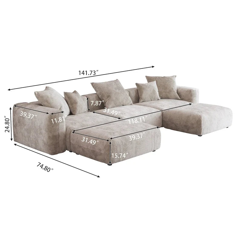 141.73 Modułowa sofa narożna, sofa z prążyniny w kształcie litery U z pufami