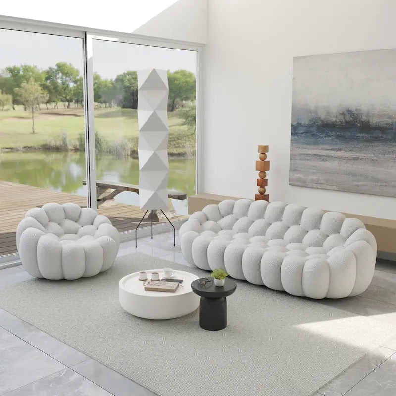 2 szt. sofa bąbelkowa 3D tapicerowana tkaniną o strukturze plastra miodu, 3-osobowa sofa bąbelkowa i sofa jednoosobowa do salonu
