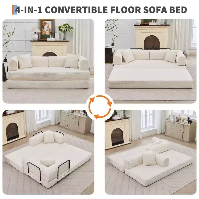 78.7 Szara sofa rozkładana 4 w 1 z tkaniny sztruksowej, składana dwuosobowa sofa podłogowa futon z poduszkami (bez montażu)