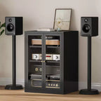 Szafka metalowa na sprzęt RTV Bekrvio, 4-poziomowa szafka stereo ze szklanymi drzwiami i regulowanymi półkami, regał audio AV z systemem zarządzania kablami