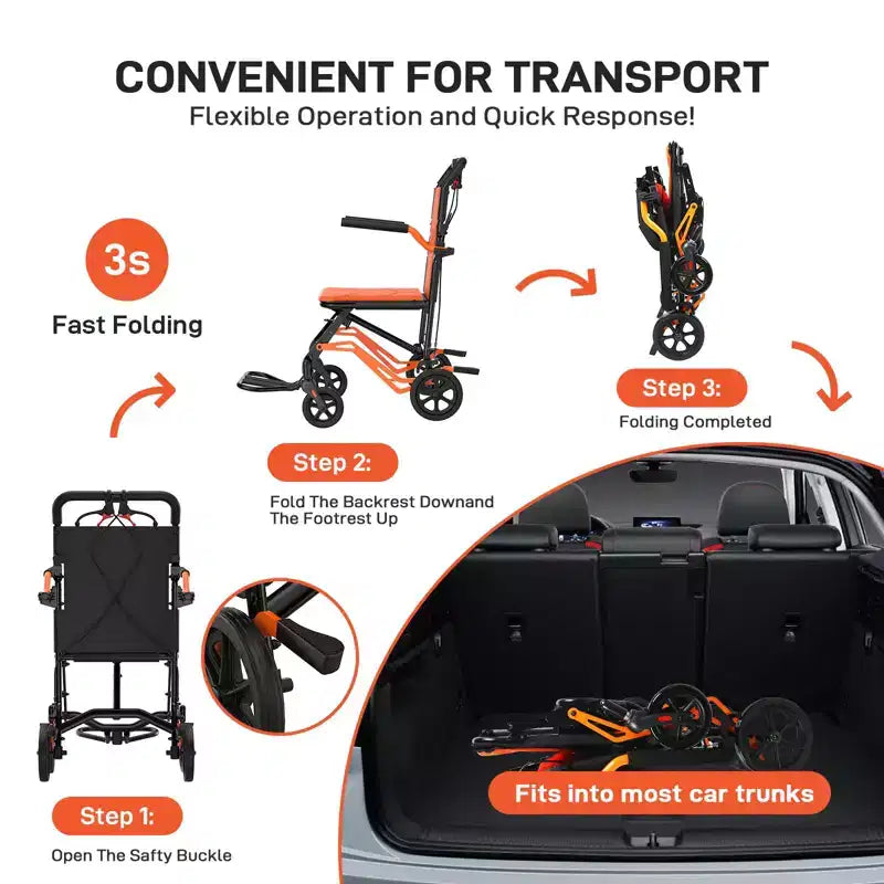 Ultralekki składany wózek transportowy, udźwig 100 kg, aluminiowa rama 8 kg, siedzisko 41 cm, zdejmowane podłokietniki i podnóżki, hamulec ręczny z blokadą