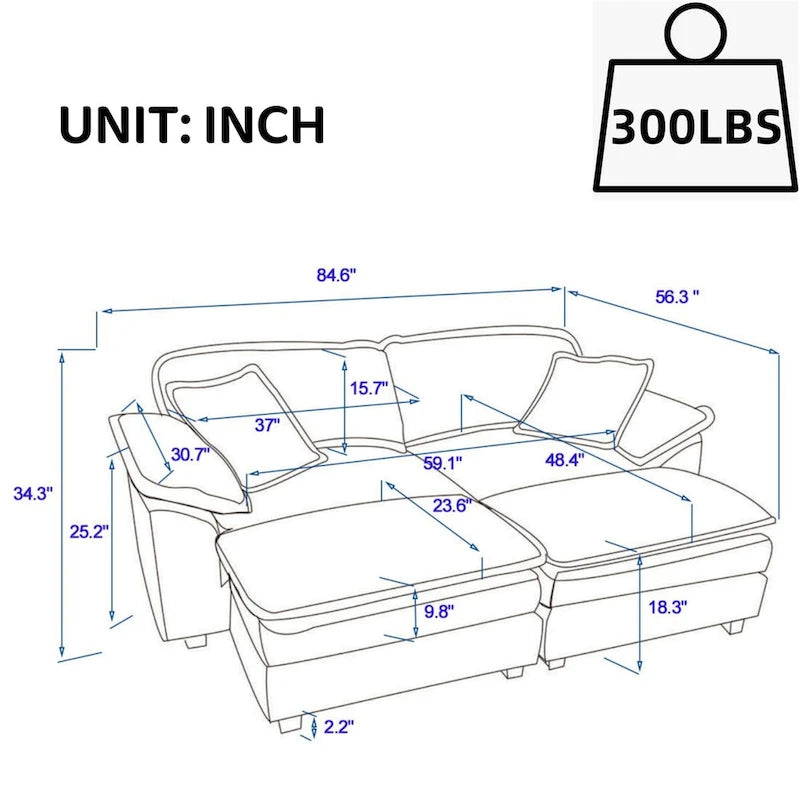 Nowoczesna 2-osobowa sofa sztruksowa z 4 poduszkami i 2 pufami