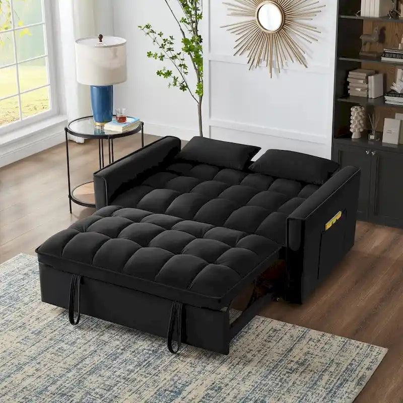 Sofa 4 w 1 z funkcją spania, podłokietnikami i kieszeniami na drobiazgi, wielofunkcyjna rozkładana sofa pikowana z regulowanym oparciem