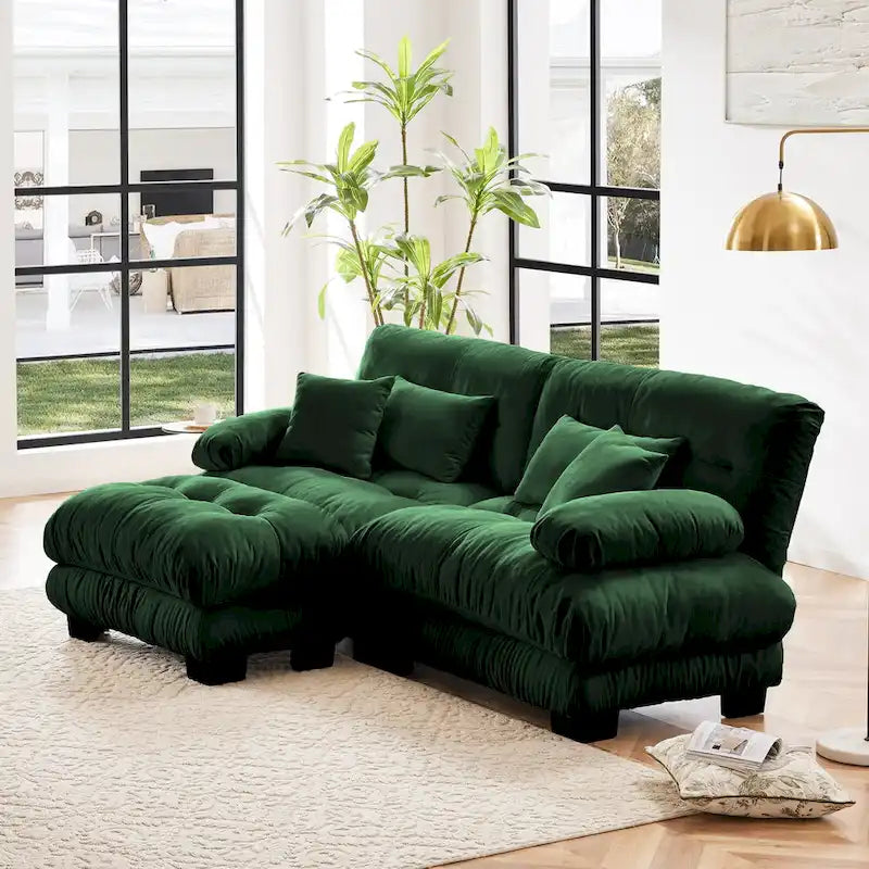 Narożna sofa dwuosobowa typu szezlong, szezlong szezlongowy z szenili z poduszkami lędźwiowymi