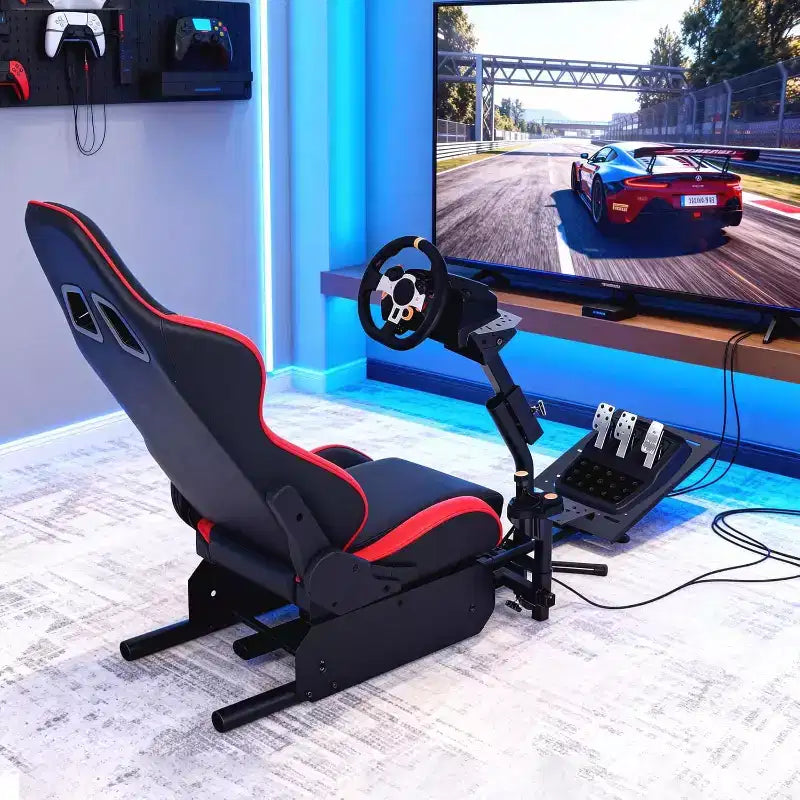 Składany kokpit do symulatora wyścigowego, regulowany stojak na kierownicę do G29/G920/G923, kompatybilny z Thrustmaster, Fanatec, Hori, Mad Catz, z regulacją kąta nachylenia pedałów
