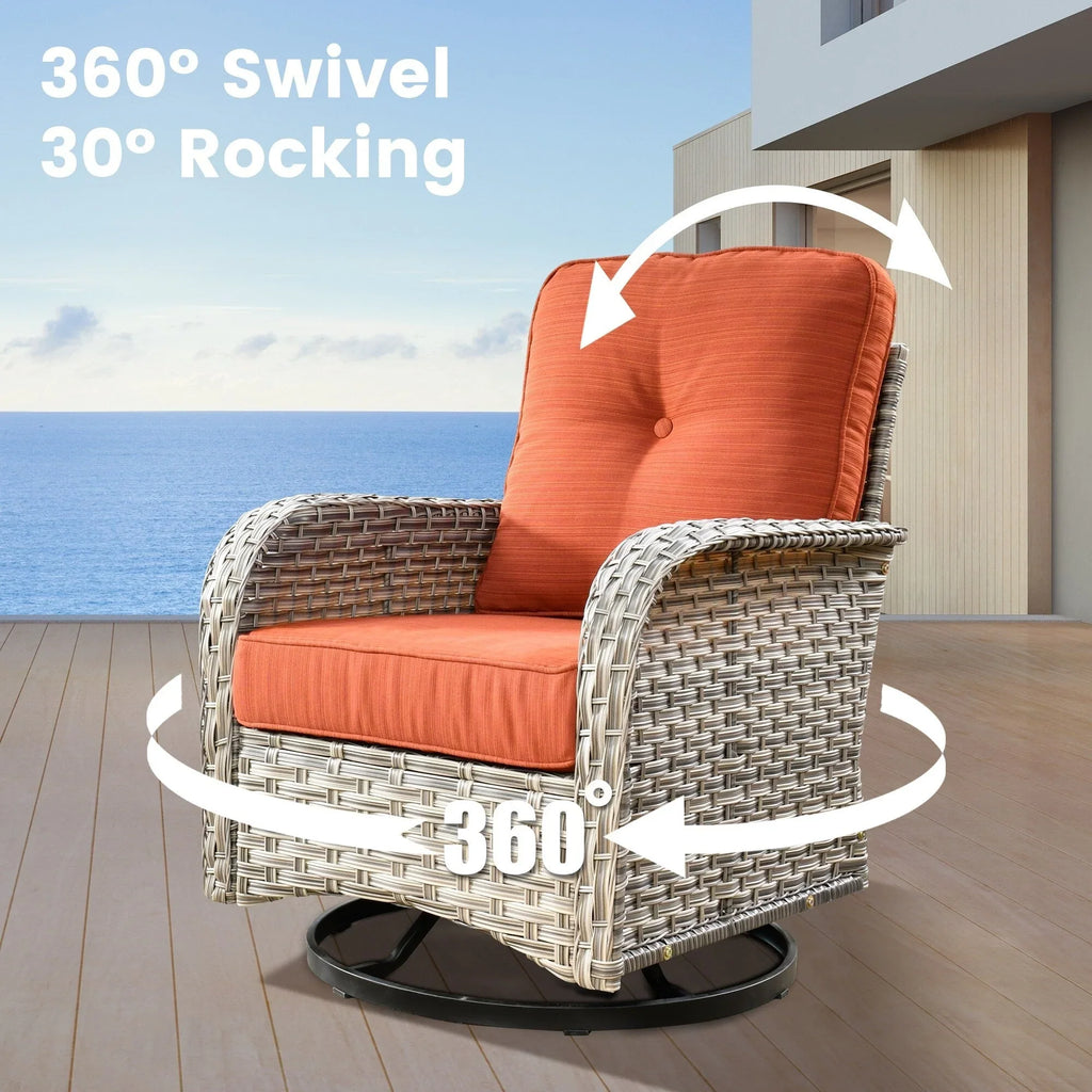 Zestaw 9 części mebli ogrodowych z technorattanu OVIOS: fotele obrotowe ze stołem paleniskowym