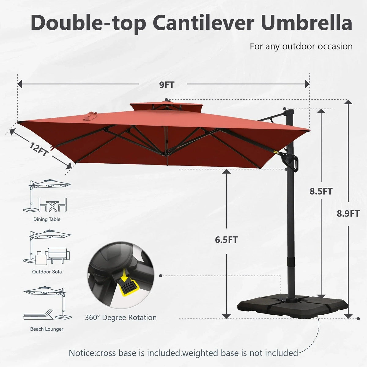 MAISON ARTS 12-stopniowy automatyczny hydrauliczny parasol wspornikowy, aluminiowy słup, obrót o 360 stopni