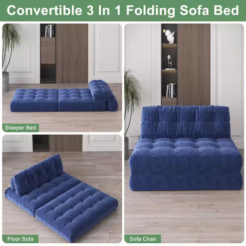 Rozkładana sofa futon z miękkiego sztruksu, składane łóżko podłogowe z poduszką i oparciem