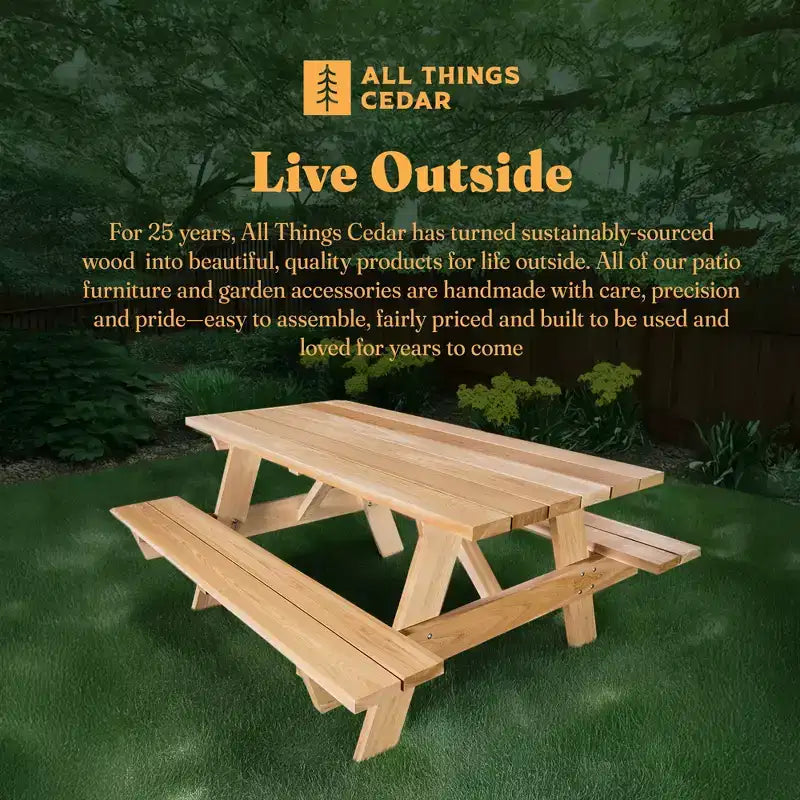 Stół piknikowy All Things Cedar 6-Ft do użytku zewnętrznego, ręcznie wykonany drewniany zestaw ławek tarasowych na kemping, imprezy w ogrodzie lub oglądanie meczów, rustykalny cedr
