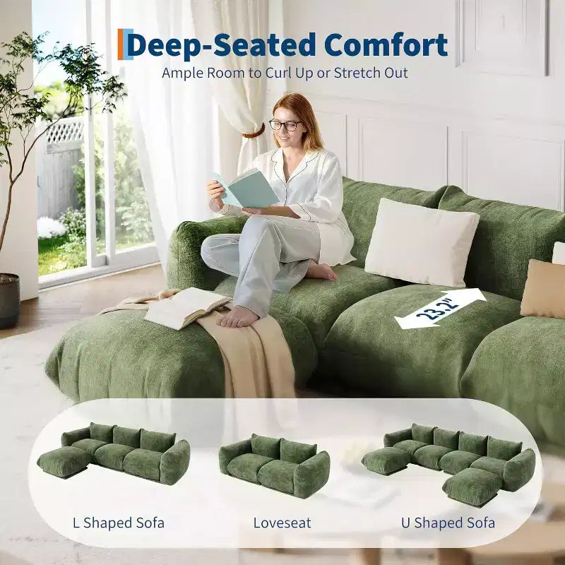 Modułowa dwuosobowa sofa z tkaniny szenilowej, sofa typu "cloud" z pianką o wysokiej sprężystości, sofa bezstelażowa do małych wnętrz