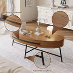 Owalny stolik kawowy z szufladą w stylu mid-century modern, drewniany stolik kawowy 47,2 z miejscem do przechowywania i metalowymi nogami w kształcie litery X, zaokrąglony design
