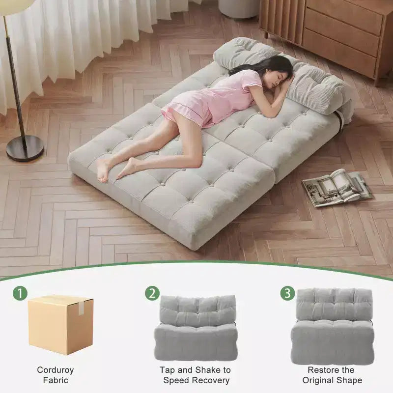Rozkładana sofa futon z miękkiego sztruksu, składane łóżko podłogowe z poduszką i oparciem