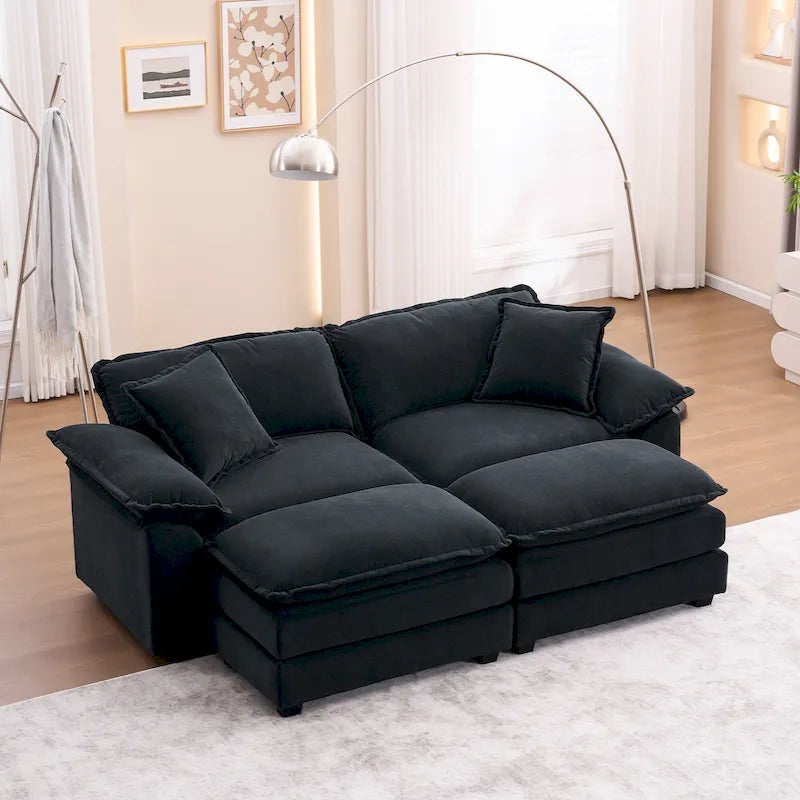 Sofa 2-osobowa z 2 siedziskami, 2 poduszkami i 2 pufami, wygodna sofa - Głęboka sofa do salonu, sofa modułowa