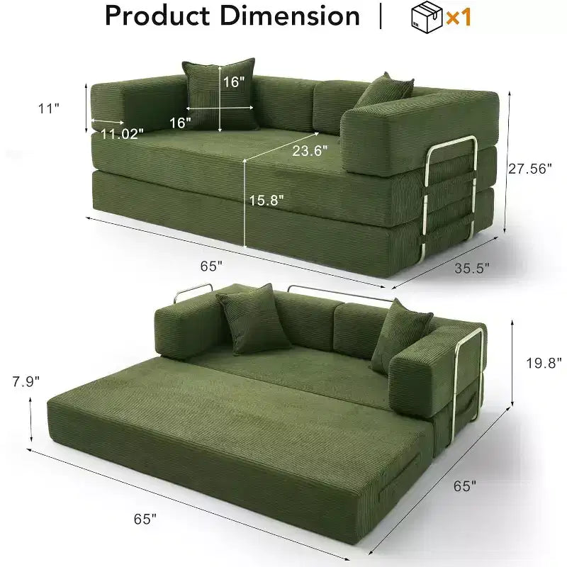 Dyonery 65-calowa rozkładana podłogowa sofa 5 w 1, rozkładana do podwójnego łóżka, ze stałym metalowym stelażem, sztruksowa